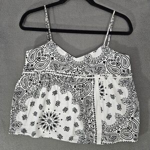 Vintage 90s Babydoll Necklace Tank Top Shirt White Paisley Crop Oversized SZ XS
